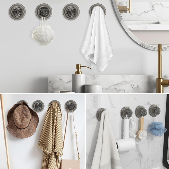 Aimai Forever Suction Cup Hooks for Shower, Removable Suction Hooks，Shower Wall inside Hangers No Drill Hooks Bathroom Mounting On Glass Shower Doors，Tile- 4 Pcs ，Waterproof, Dark Grey